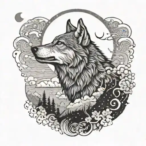 An Intricate Dotwork Design Of A Wolf Howling At The Moon In A Mountainous Setting