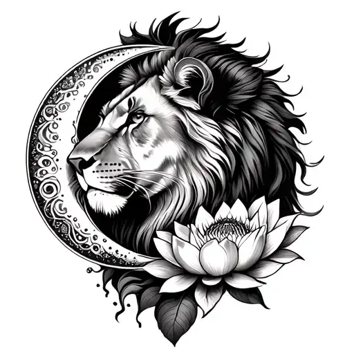Lioness With Lotus Flower And Crescent Moon