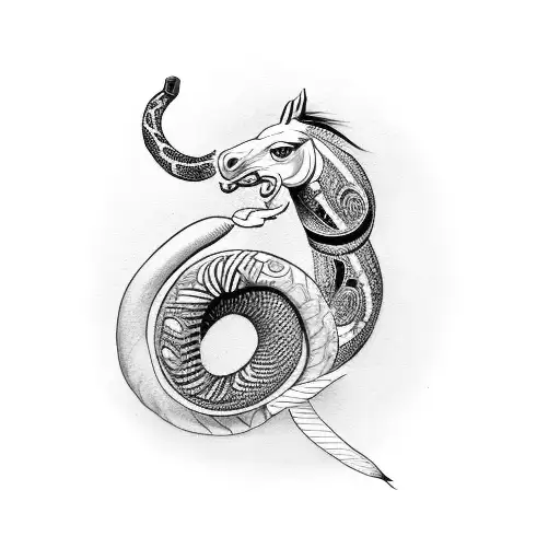 Horse And Snake Together With A Bird On Top A Tiger