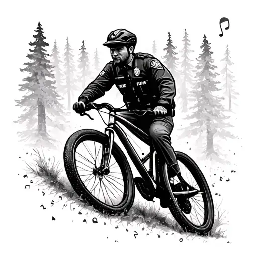 A Police Officer Riding A Mountain Bike Through A Forest Of Musical Notes