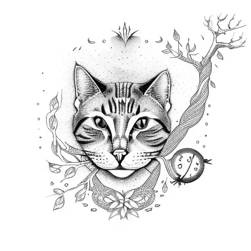 Cat Skull With Tree And Birds