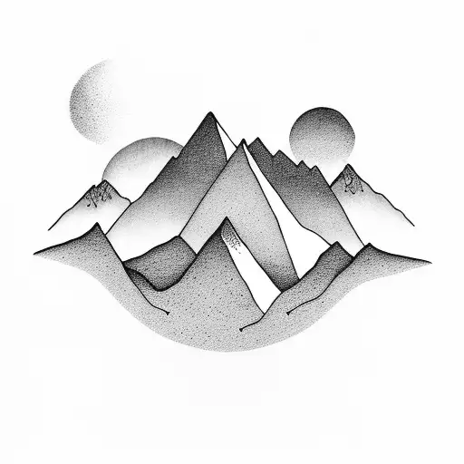 Mountains And A Small Red Sunrise In Minimal Line Arts