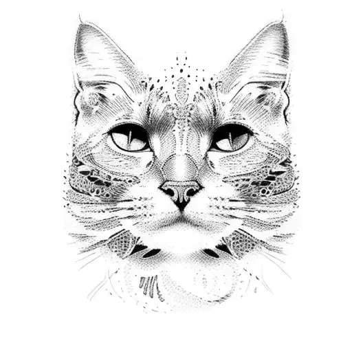 A Dotwork Portrait Of A Cat With Various Animal Paw Prints Forming A Border