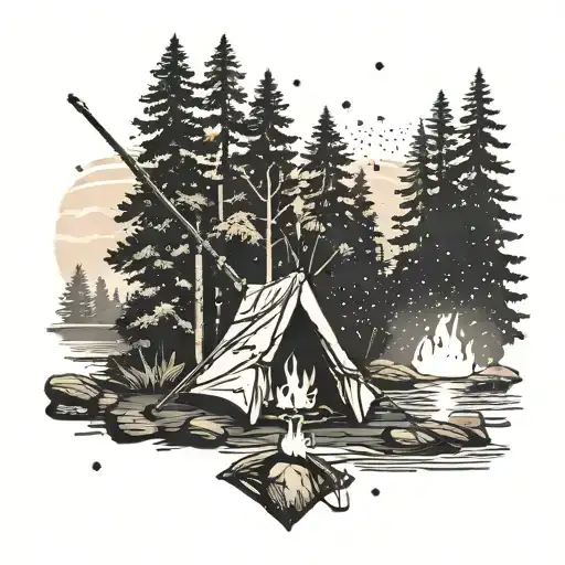 A Campfire Surrounded By Tall Pine Trees And A Fishing Rod Leaning Against A Tree