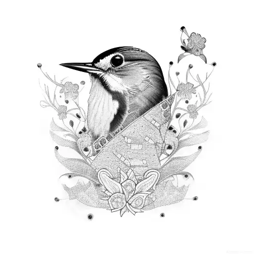 A Dotwork Tattoo Of A Horseshoe With Intricate Floral Patterns And A Robin In The Center