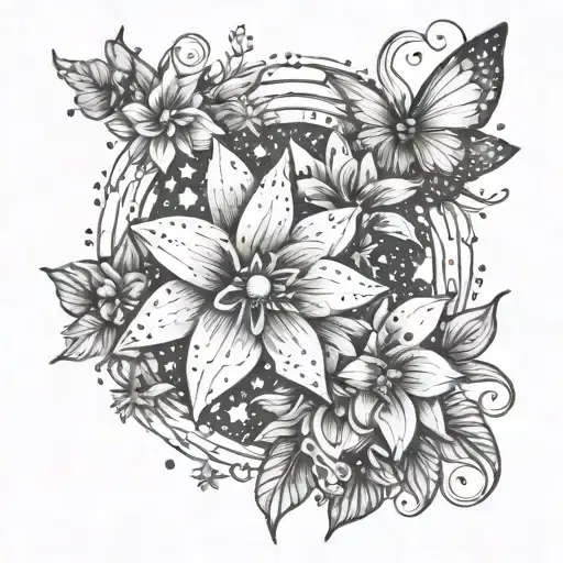 A Celestial Tattoo Design Combining Stars And Flowers To Symbolize The Love For Your Children