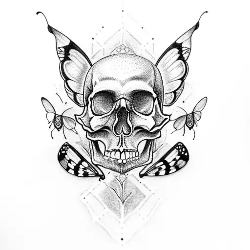 Skull With 4 Butterflies And A White Oleander Flower