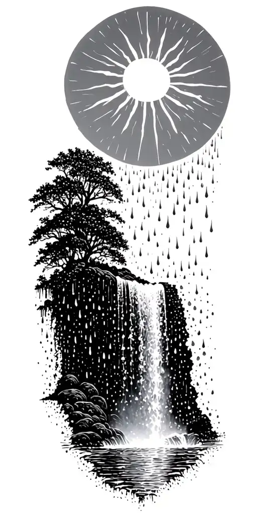 A Sun Melting Into A Waterfall That Turns Into Rain