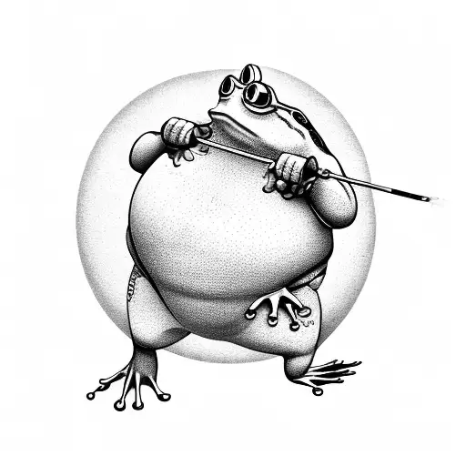 Fat Frog Holding A Fishing Rod In The Style Of A Funny Tattoo Frog