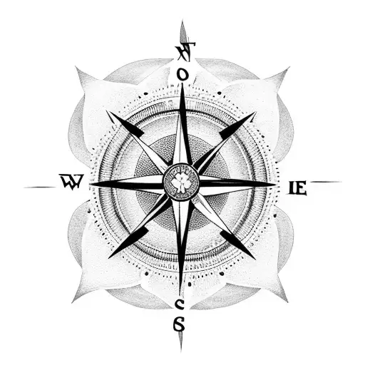 A Dotwork Tattoo Of A Compass Surrounded By Various Plants And Flowers