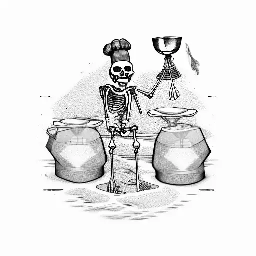 A Skeleton Chef Cooking On An Open Boat Made Of Vinyl Records