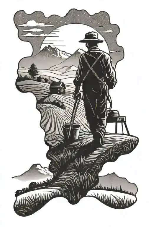 A Silhouette Of A Farmer Working In A Field With Mountains In The Background