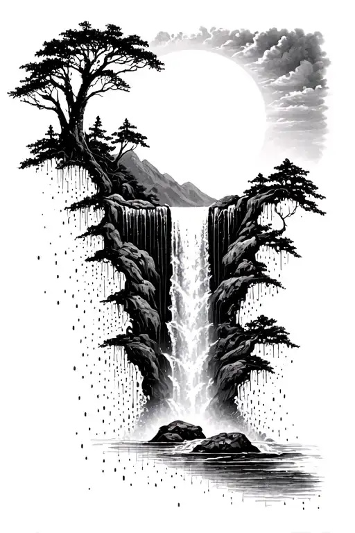 A Sun Melting Into A Waterfall That Turns Into Rain