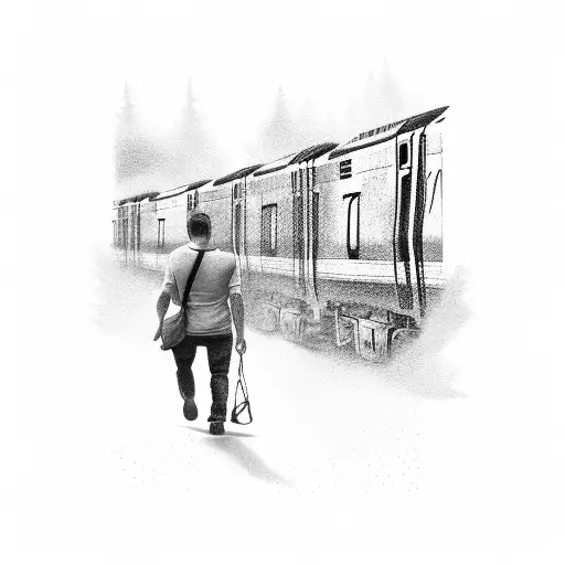 Guy Walking Down The Side Of A Train With A Bag Full Of Spray Paint