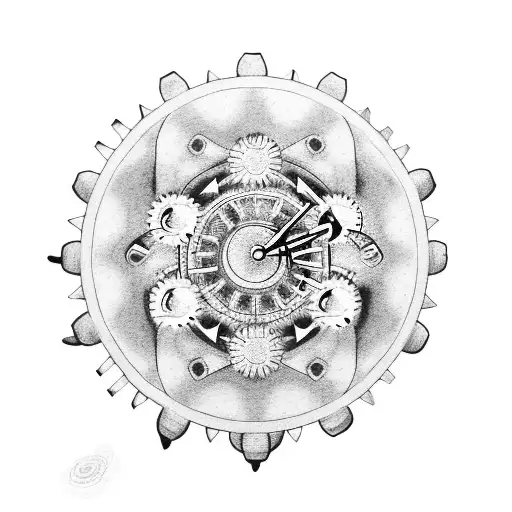 A Clock Face With Gears Made Of Blue Roses And Sunflowers