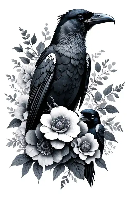 Raven And Baby Raven With Flowers