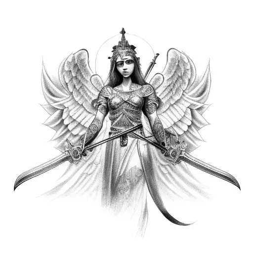 Create A Tattoo Of A Guardian Angel Holding A Sword With One Knee Down