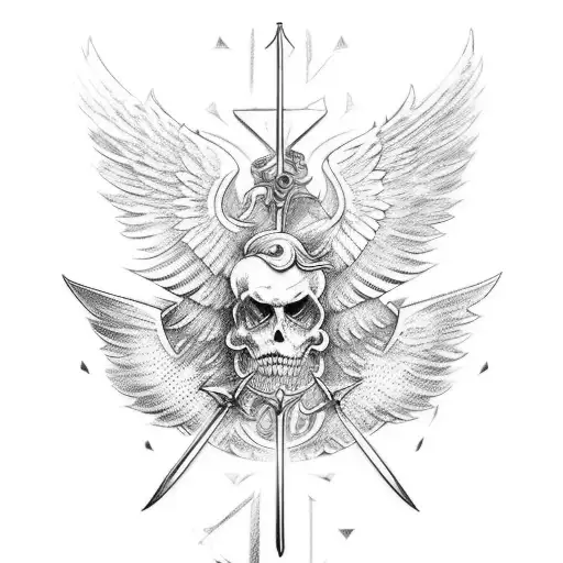 A Back Tattoo That Is Of A Sword With Two Wings And A Hands Of Justice