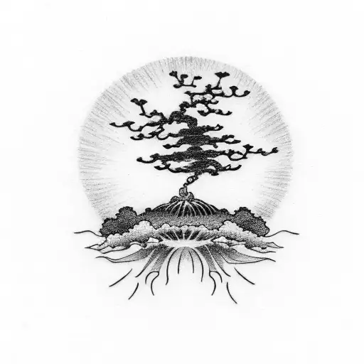 Bonsai Tree With A Rising Sun Background
