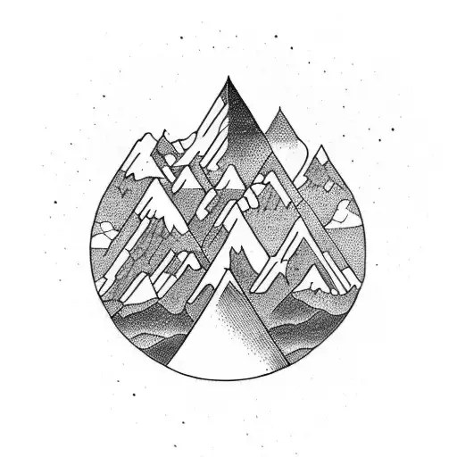 Create A Dotwork Tattoo Of A Mountain Range With Ancient Symbols Hidden Within