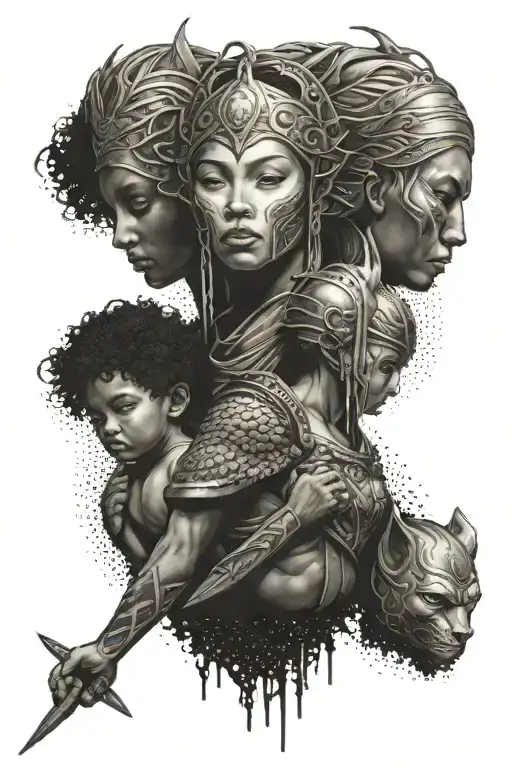 Warrior Mother Protects Her Two Male Children Front Shot And Background Elements