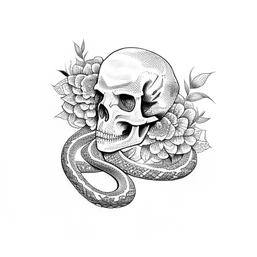 Snake And Sakura Flowers And Skull