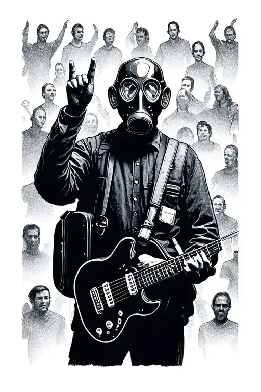 Guy In Gas Mask With Guitar Case On His Back Gives Finger To Crowd Of People Silhouettes
