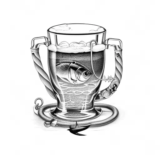 A Beer Mug Surrounded By Various Fishing Hooks And Lures