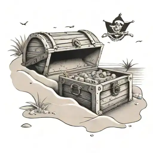 A Beach Scene With A Pirate's Treasure Chest Half Buried In The Sand