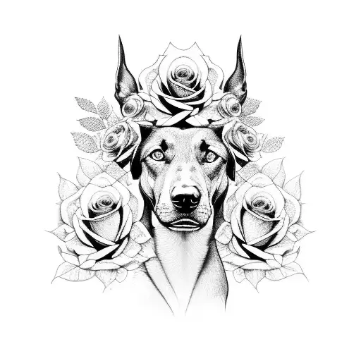 Black And Grey Portrait Of Dobermann With Lots Of Roses Around The Head