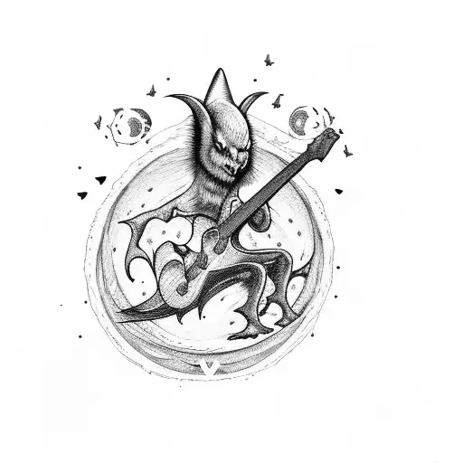 A Guitar With A Vampire Bat Flying Out Of It