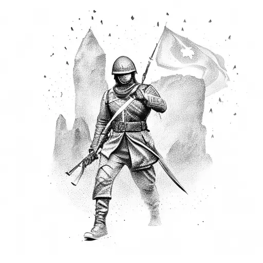 A Battlefield Scene With A Fallen Soldier's Sword Planted In The Ground