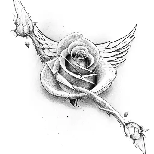 Two Wings On Both Sides And A Rose With A Branch In The Middle