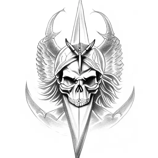 Skull With Small Devil Horns With A Sword Through It Being Held By A Angel