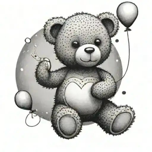 A Black-grey Tattoo Of A Teddy Bear Holding A Heart Balloon