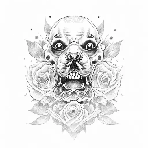 A Menacing Dog With Glowing Eyes Surrounded By Floating Skulls And Roses