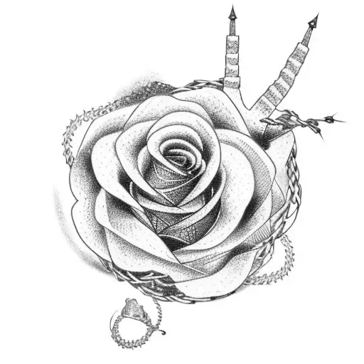 A Dotwork Tattoo Of A Video Game Controller Entwined With A Texas Rose And Barbed Wire