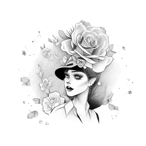 A Lady With A Black Hat And Flowers On Her Shirt