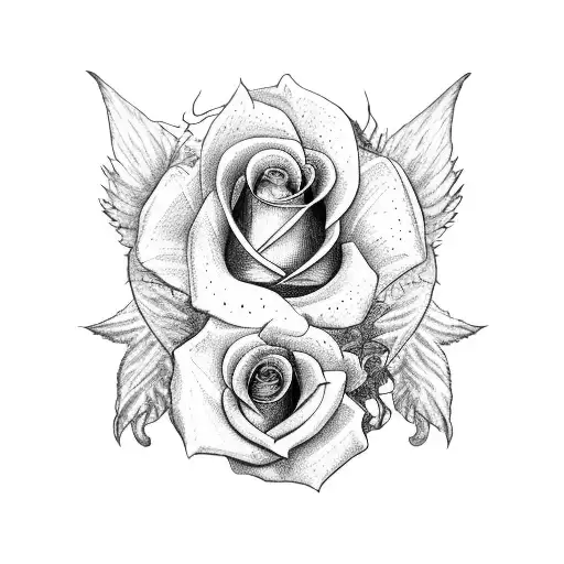 Two Wings On The Left And Right And A Rose With Branches And Leaves In The Middle