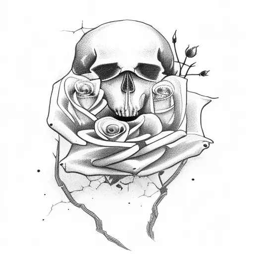 Old Cracked Skull With A Rose Growing Out Of The Crack