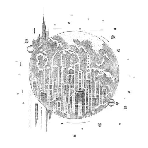A Dotwork Tattoo Of A Futuristic Cityscape With Water Flowing Through It
