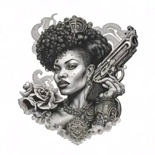 A Dotwork Portrait Of A Powerful Black Queen Holding A Gun With Smoke Swirling Around Her