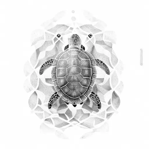 An Intricate Black And Grey Design Of A Turtle Surrounded By A School Of Fish