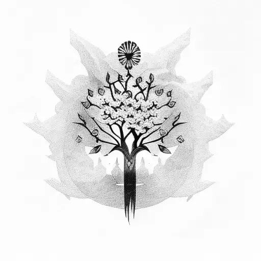 Samurai Sword With Tree And Flower Design