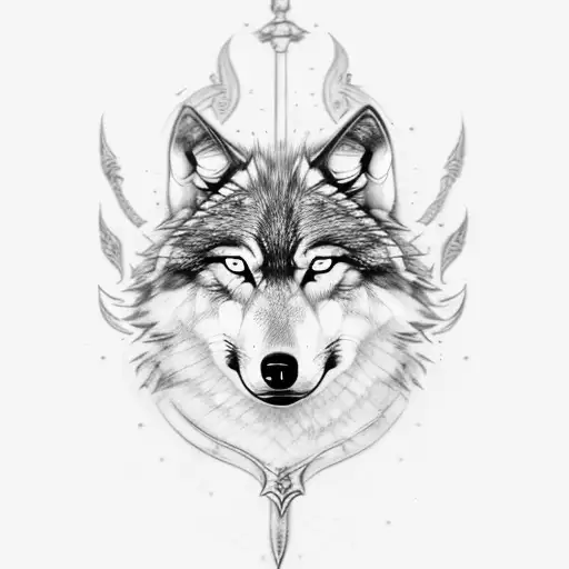 Wolf With Blue Eyes Angery And Sword On Side With Fire And Smoke And His Fang