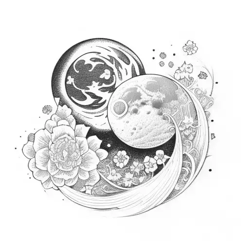 Moon With Flowers And Wave