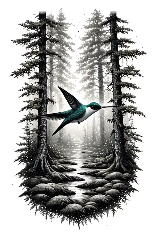 Hummingbird In Forest Scene