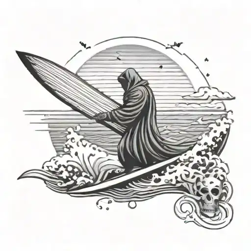 A Dark And Mysterious Tattoo Featuring A Grim Reaper Holding A Surfboard On A Stormy Beach