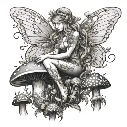 Curvy Winged Fairy Sitting In A Mushroom Garden Scene With Various Mushrooms