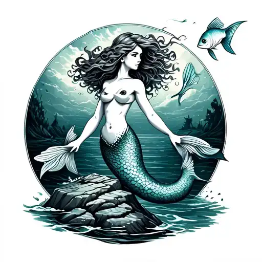 Mermaid On Rock Sea Holding Saving Fish